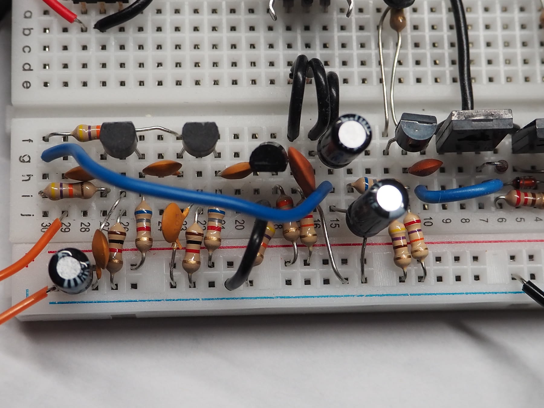Close-up of the detector and preamplifier section on the breadboard