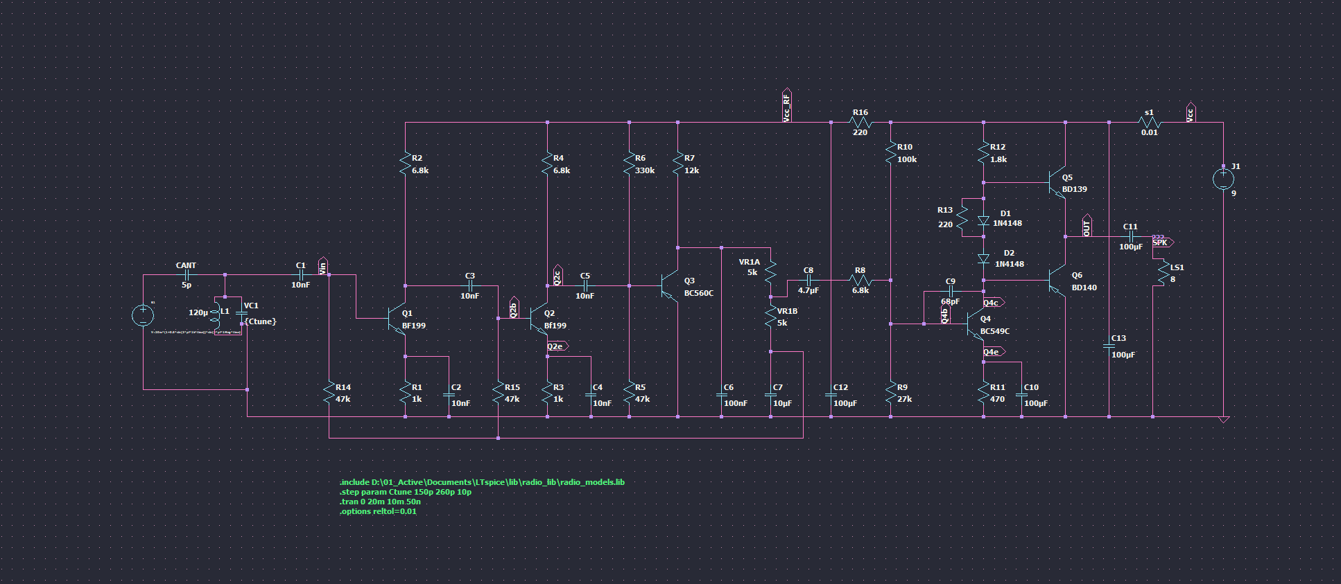 LTspice schematic of the discrete transistor AM radio receiver